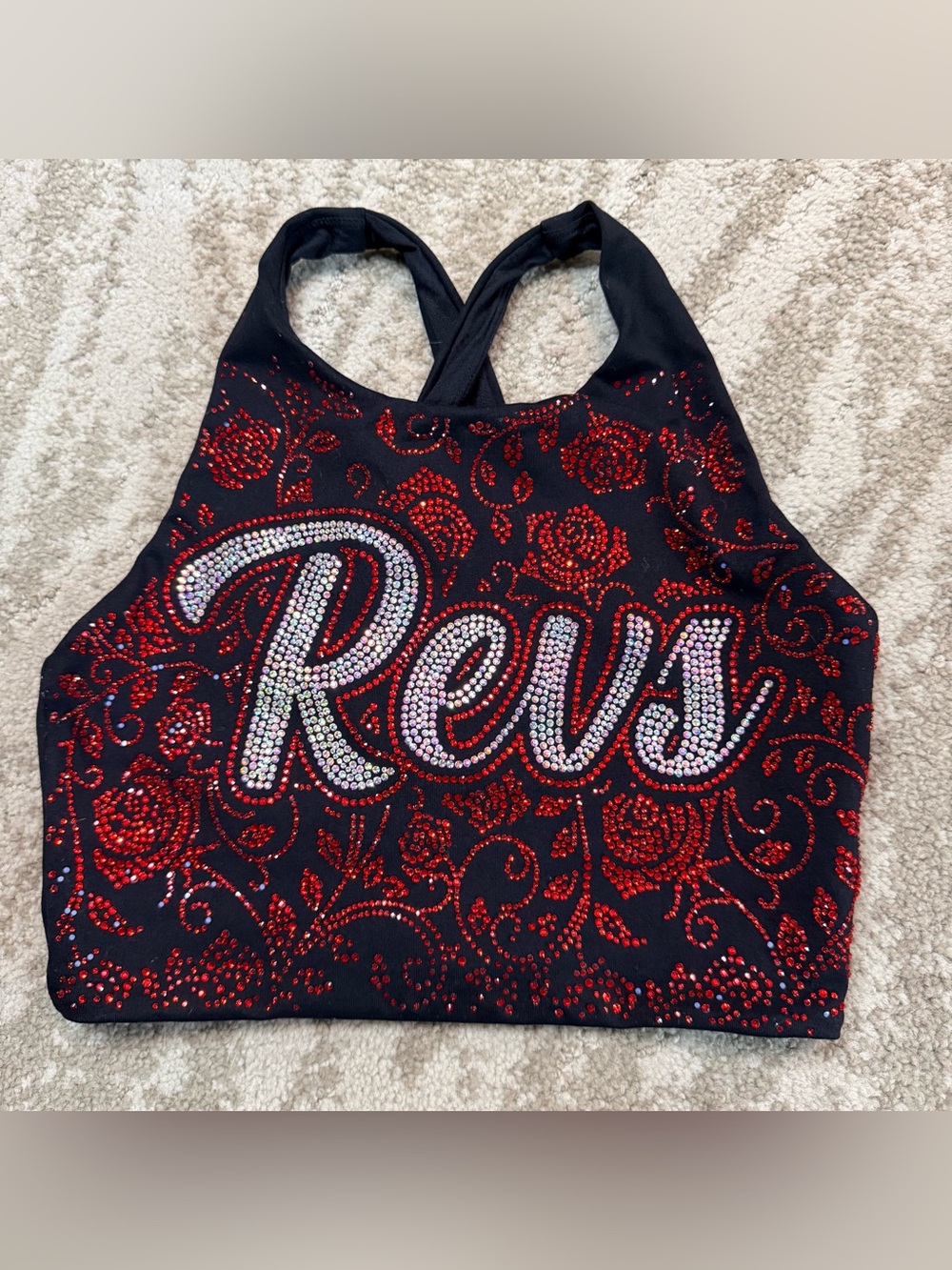 Top GunRhinestone 'Revs' Black Crop Tank with Red Rose Accents